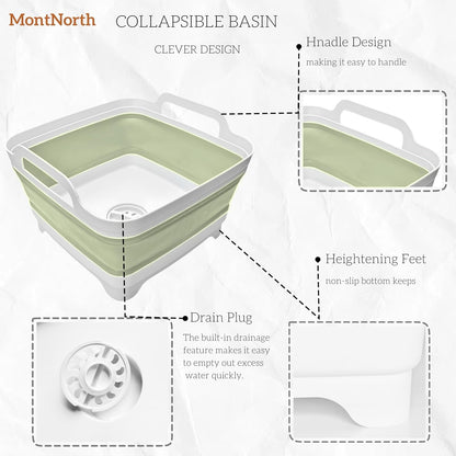 MontNorth Collapsible Wash Basin 9L, Foldable Dish Tub with Drain Plug, Portable Collapsible Dish Basin, Camping Sink for Washing Dishes, Laundry & Kitchen Use,Gray
