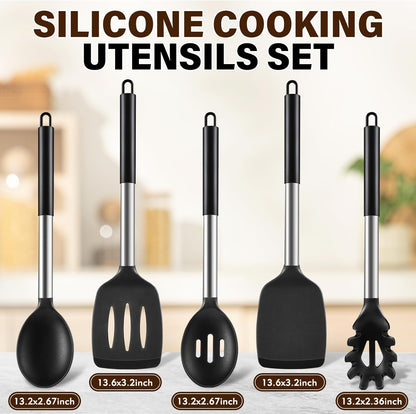 5Pcs Silicone Cooking Utensils Set, Heat Resistant Kitchen Tools Include Solid&Slotted Spatula, Cooking Spoon and Pasta Server, Silicone Kitchen Utensils set for Nonstick Cookware Flipping, Black