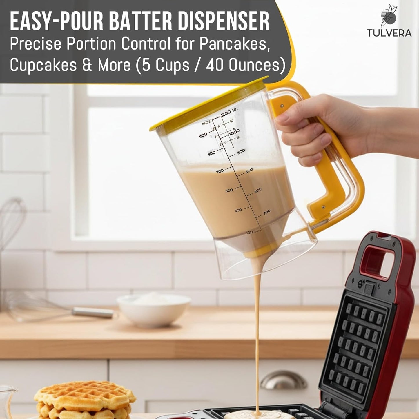 Pancake Batter Dispenser | 5-Cup Mix Pourer for Pancakes, Waffles, Crepes, Muffins, Cupcakes | Squeeze Handle, Portion Control Pitcher, Durable Drip-Free Design | Baking Accessories (Original Black)