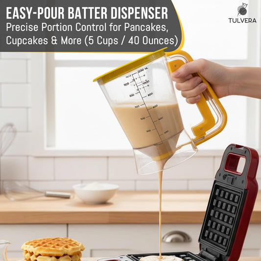 Pancake Batter Dispenser | 5-Cup Mix Pourer for Pancakes, Waffles, Crepes, Muffins, Cupcakes | Squeeze Handle, Portion Control Pitcher, Durable Drip-Free Design | Baking Accessories (Original Black)
