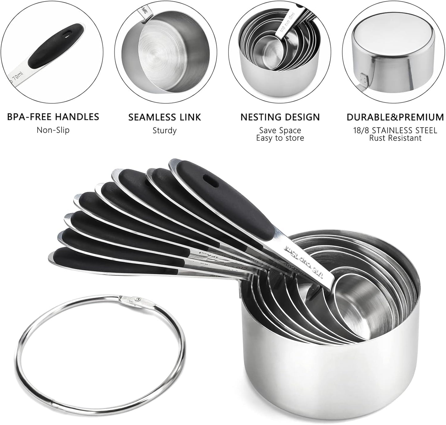 Measuring Cups and Spoons Set Stainless Steel Measuring Cups Double Sided Stackable Magnetic Measuring (Black)