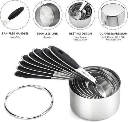 Measuring Cups and Spoons Set Stainless Steel Measuring Cups Double Sided Stackable Magnetic Measuring (Black)