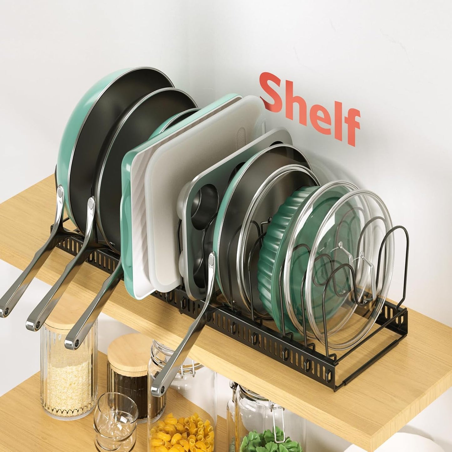 ORDORA Pots and Pans Organizer under Cabinet, Expandable 11.8"-22.8" Pot Lid Holder with 12 Adjustable Dividers, Pan Organizers inside Cabinet for Kitchen Cookware Bakeware, Black