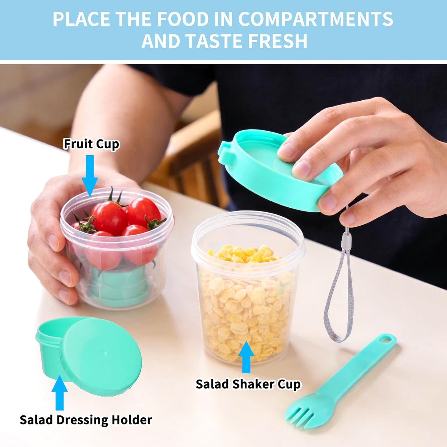 WRENYZK 4 Pcs Salad Shakers with Fork, Salad Cup To Go, Breakfast On The Go Cups, Health Container with Washing Brush, Salad Pods for Lunch, Separate Compartments, Leakproof Design