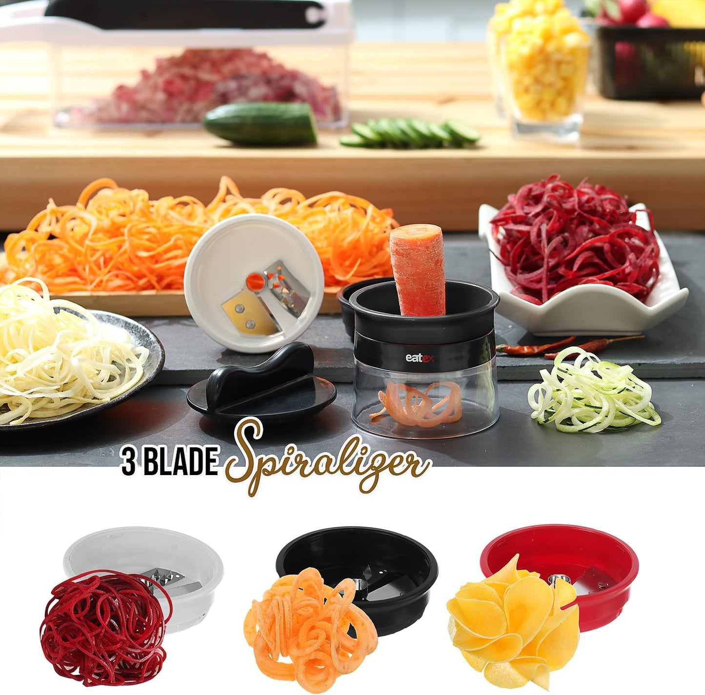 EatEx Vegetable Chopper with Container, Multifunctional Veggie Chopper Vegetable Cutter, Onion Chopper Dicer, Salad Chopper, Onion Cutter, 21 Piece Food Chopper, Vegetable Spiralizer, Julienne Peeler