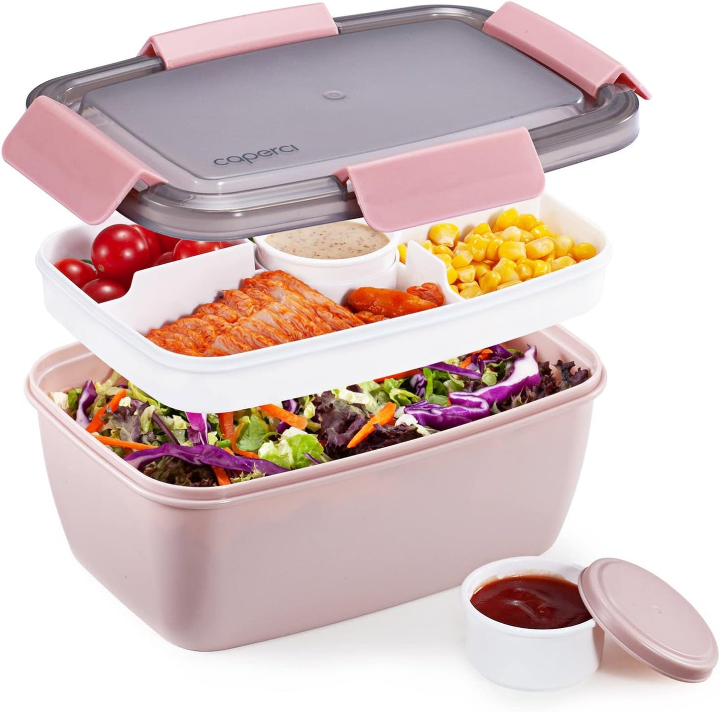 Caperci Large Salad Container Bowl for Lunch - Better Adult Bento Lunch Box 68 oz, 5-Compartment Tray, 2pcs 3-oz Sauce Cups, Stackable, BPA-Free (Navy)