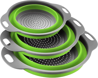 Collapsible Colander Set of 3, Space-Saving Foldable Strainer for Kitchen, 3 Sizes Food Strainer for Draining Pasta, Vegetable and Fruit, Kitchen Gadgets for Home Use and Outdoor Camping (Blue)