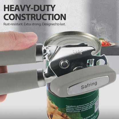 Safring Can Opener Manual, Heavy Duty Handheld Strong Can Opener with Soft Touch Handle, Sharp Blade Smooth Edge, Can Openers with Multifunctional Bottle Opener, Black