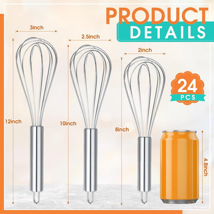 Domensi 24 Pcs 8" 10" 12" Whisks Set Kitchen Whisks for Cooking Heat Resistant Stainless Steel Balloon Wire Whisk Bulk for Non Stick Cookware Blending Stirring Valentines Day Baking