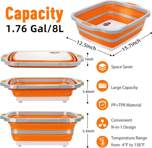 8L Collapsible BBQ Prep Tub with Locking Lid Cutting Board for Marinating Food Storage - Portable Wash Basin Colander for Kitchen Camping Sink - Foldable Bucket for Household Baking Picnic Tailgate