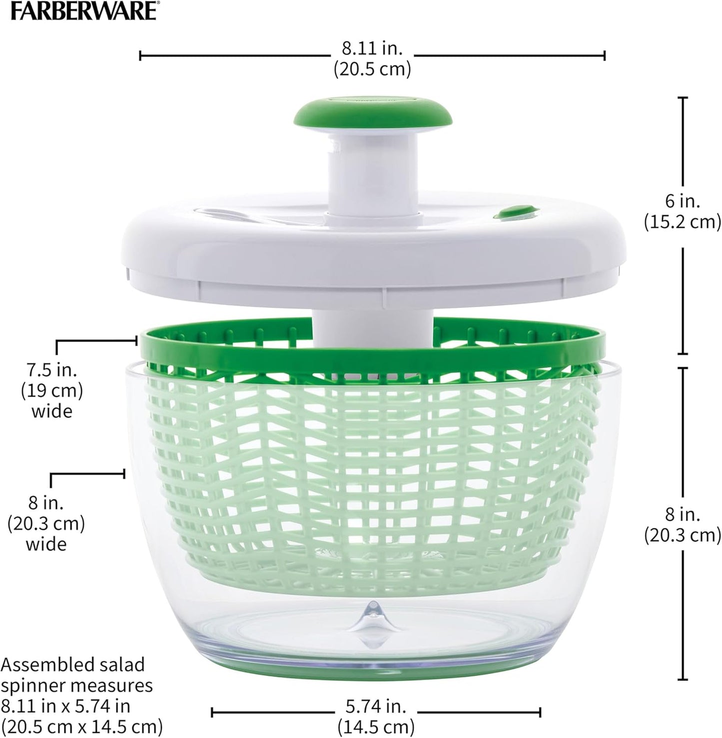 Farberware Easy to use pro Pump Spinner with Bowl, Colander and Built in draining System for Fresh, Crisp, Clean Salad and Produce, 6.6 quart, Green