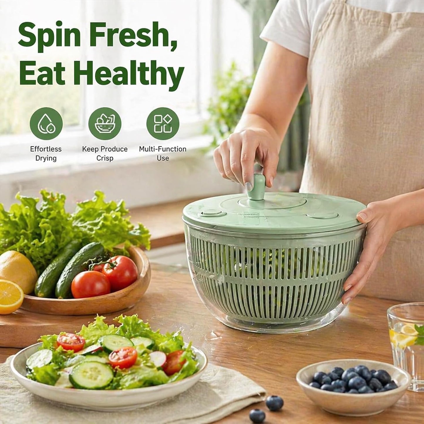 Large Capacity Multi-function Salad Spinner, 6-in-1 Salad Spinner & Vegetable Chopper, Vegetables Fruits Washing Bowl, With 5 Blade Slicer Egg Yolk Strainer Shredder (Transparent Version A)