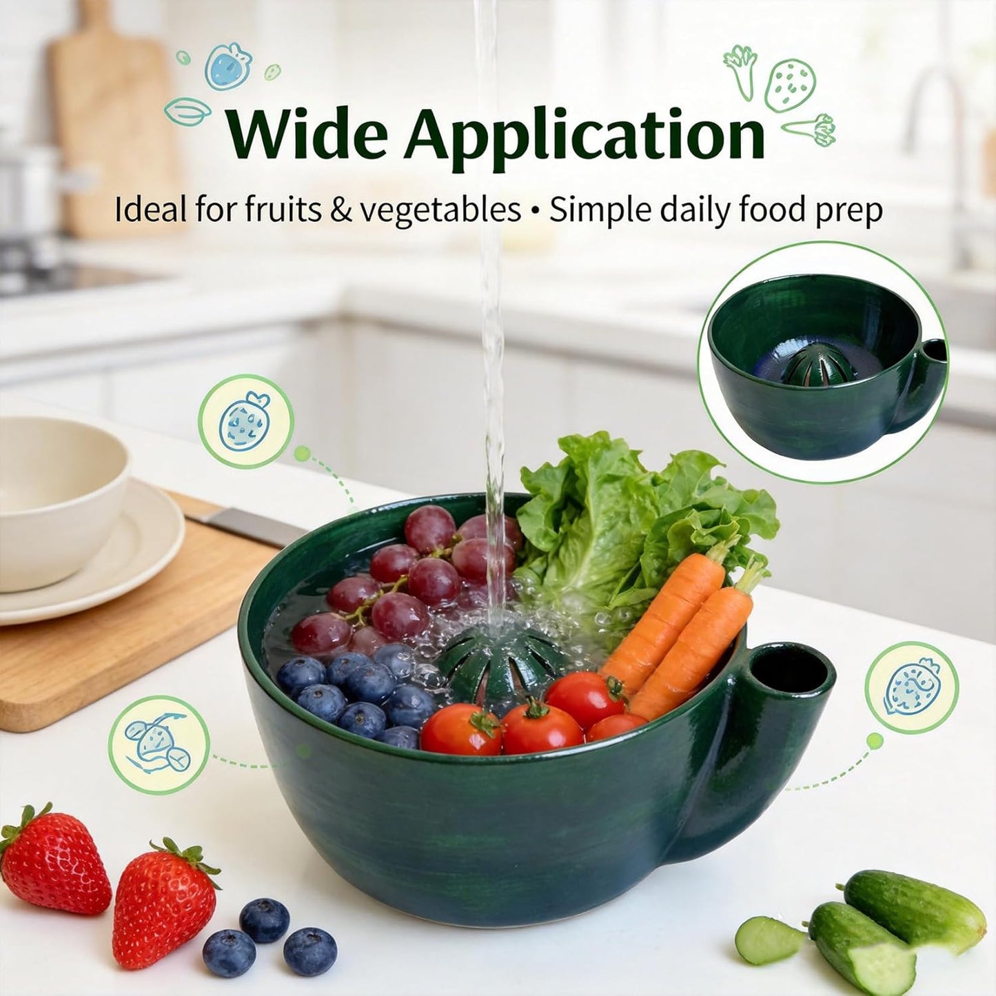 Self Spinning Ceramic Berry Washing Bowl, Berry Bowls with Holes Ceramic, 360° Rotating Fruit Strainer, Integrated Rapiddrain Base, for Fruits, Vegetables, Berries (1Pcs)