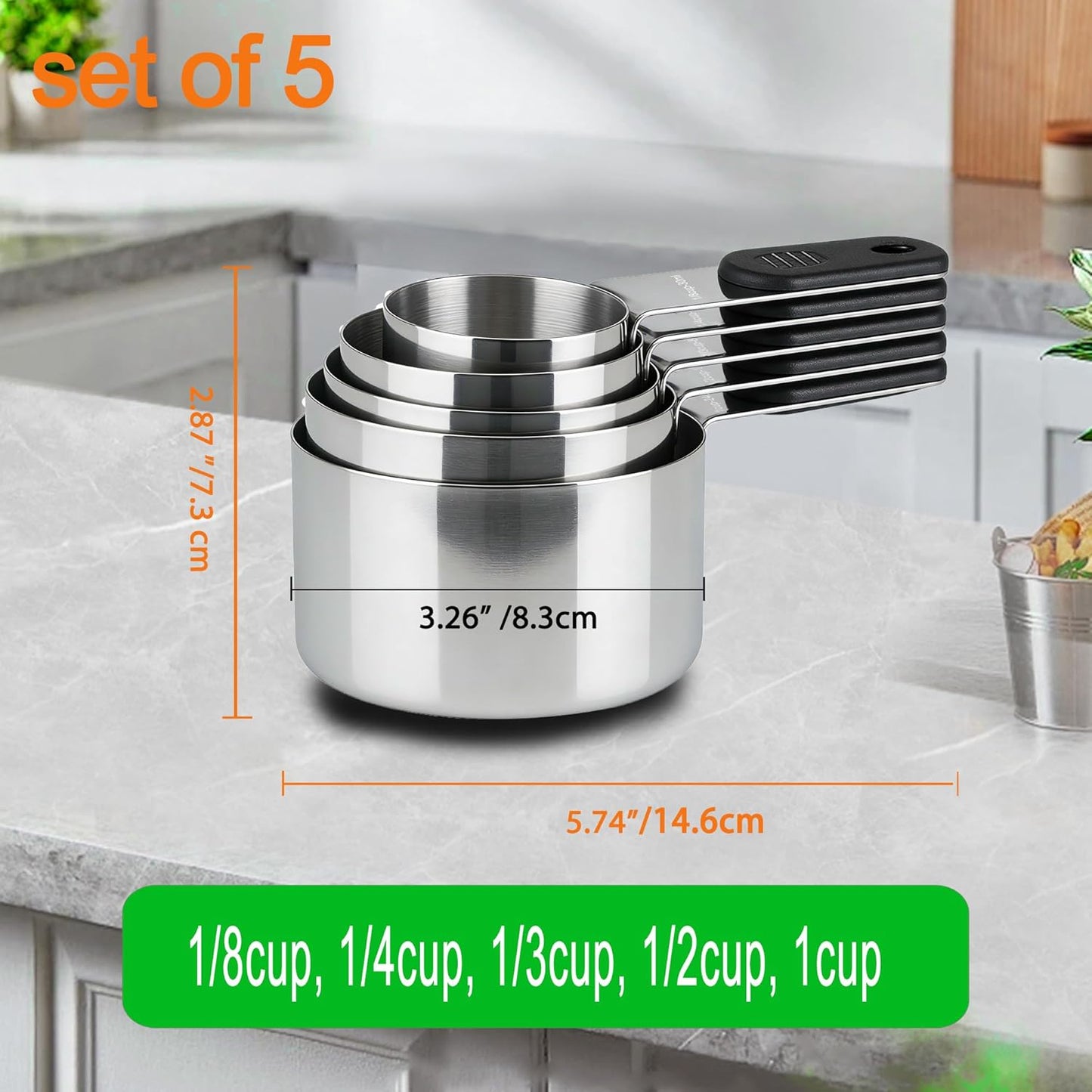 Magnetic Handles 5 Piece Stainless Steel Measuring Cups, Black, Kitchen Gadgets for Measure Liquid and Dry Ingredients, Cooking & Baking