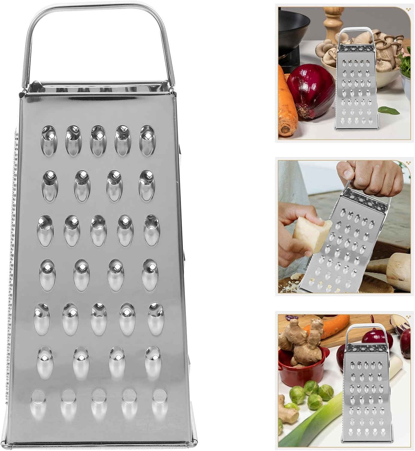 CALLARON Cheese Grater - Stainless Steel Vegetable Grater, 4 Side Ktichen Box Graters with Handle, Multifunction Cutter Slicer for Cheese, Potato, Fruit, Vegetable 3.5 x 7.9 inch