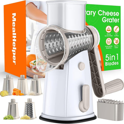 MealHelper 5 Blade Rotary Cheese Grater and Vegetable Chopper with Storage Box and Hand Crank, Compact Shredder for Cheeses, Veggies, Nuts - Easy to Use, Non-slip Suction Base,White