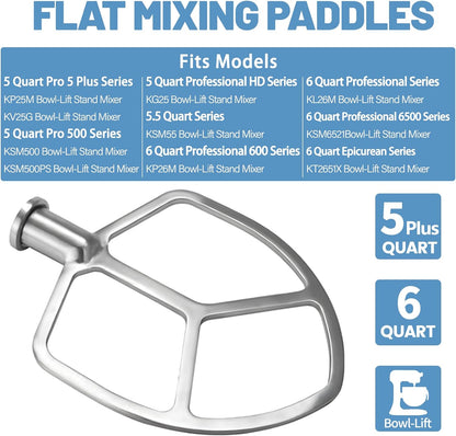 Stainless Steel 3 Piece kit Attachments，Dough Hook 6 Wire Whisk Flat Beater Compatible with KitchenAid 5 Plus -6QT Mixer，Bowl Lift Stand Mixer Accessory，Rust Resistant，Dishwasher Safe