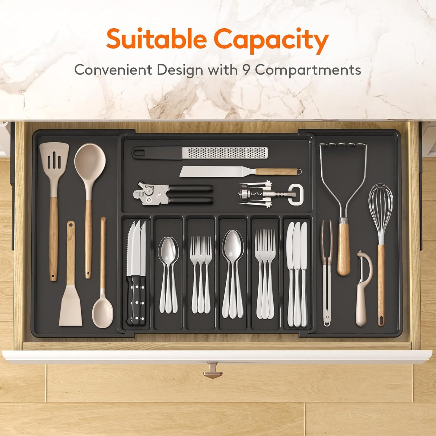 Lifewit Silverware Drawer Organizer, Expandable Utensil Tray for Kitchen, BPA Free Flatware and Cutlery Holder, Adjustable Plastic Storage for Spoons Forks Knives, 11-18 x 14", Black