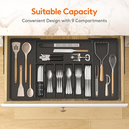 Lifewit Silverware Drawer Organizer, Expandable Utensil Tray for Kitchen, BPA Free Flatware and Cutlery Holder, Adjustable Plastic Storage for Spoons Forks Knives, 11-18 x 14", Black