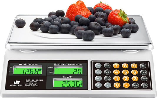 Commercial Food Scale 66lb/30kg, High Precision Digital Price Computing Scale for Farmers Marke, Deli, Dual Backlit LCD Display, Stainless Steel Platform, Rechargeable Battery for Produce Meat