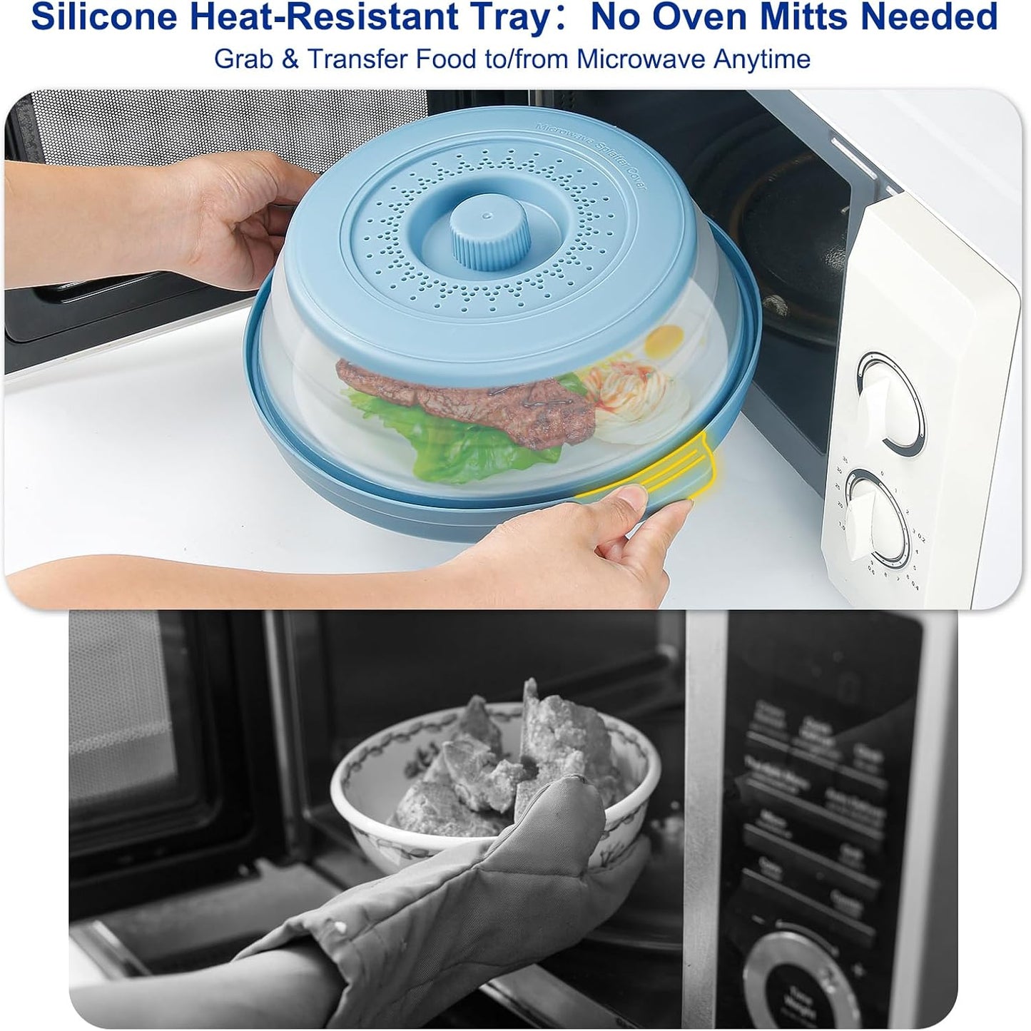 10.7 Inch Microwave Food Cover with Heat Insulation Mat, Anti-Scald Collapsible Microwave Splatter Cover, Multi-Functional as Colander & Fruit Plate, Dishwasher Safe, Ideal for Meal Prep (Gray)