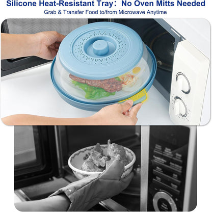 10.7 Inch Microwave Food Cover with Heat Insulation Mat, Anti-Scald Collapsible Microwave Splatter Cover, Multi-Functional as Colander & Fruit Plate, Dishwasher Safe, Ideal for Meal Prep (Gray)