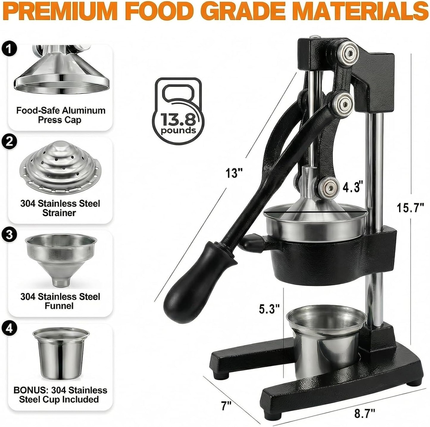 Cast Iron Citrus Juicer - 13.8LB Heavy Duty Manual Orange Press, 304 Stainless Steel Cup & Strainer, Professional Lemon Grapefruit Pomegranate Squeezer for Home Bar Kitchen, Orange