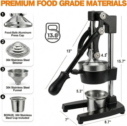 Cast Iron Citrus Juicer - 13.8LB Heavy Duty Manual Orange Press, 304 Stainless Steel Cup & Strainer, Professional Lemon Grapefruit Pomegranate Squeezer for Home Bar Kitchen, Orange