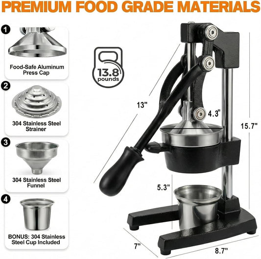 Cast Iron Citrus Juicer - 13.8LB Heavy Duty Manual Orange Press, 304 Stainless Steel Cup & Strainer, Professional Lemon Grapefruit Pomegranate Squeezer for Home Bar Kitchen, Orange