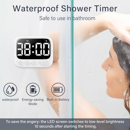 HAUKINIX Shower Timer Waterproof Bathroom Toilet Timer Digital Kitchen for Wall Mount, Study w/Foldable Stand, Countdown Stopwatch w/Suction Cup for Swim, Rechargeable, White