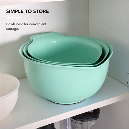 KitchenAid Universal Nesting Plastic Mixing Bowls, Set Of 3, 2.5 quart, 3.5 quart, 4.5 quart, Non Slip Base with Easy Pour Spout to Reduce Mess, Dishwasher Safe, Aqua Sky, White, Gray