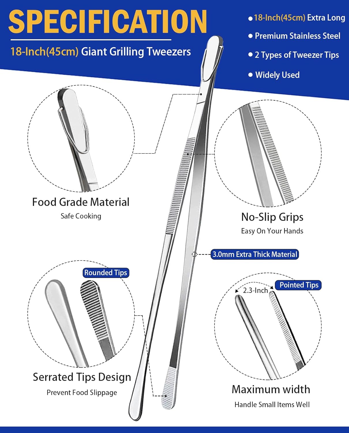 JETKONG 2 Pcs 12-Inch Kitchen Tweezers Fine Tweezer Tongs, Extra-Long Stainless Steel Cooking Tweezers (Silver)