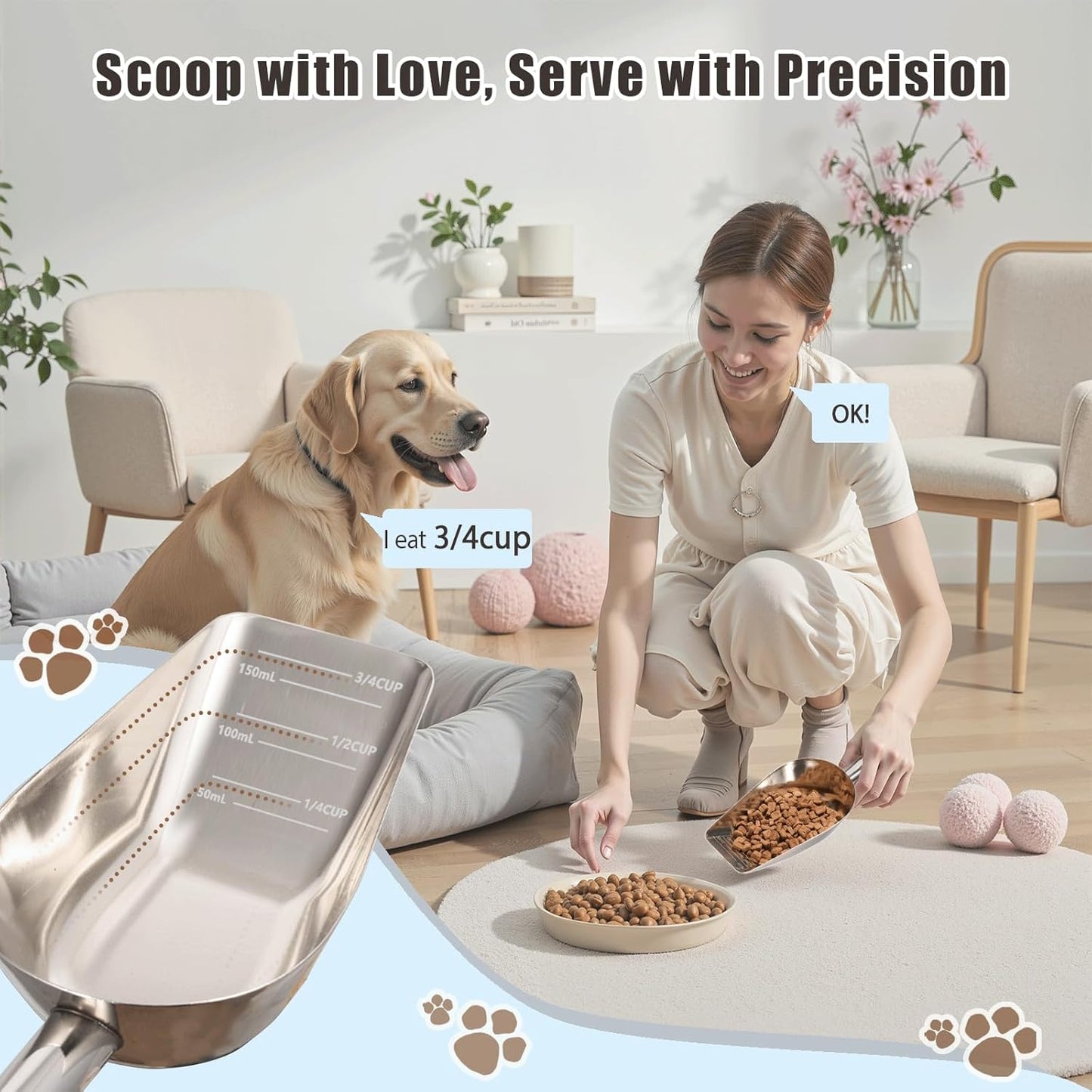 Dog-Cat Food Scoop 1 Cup – Thickened 304 Stainless Steel Pet Food Scoop with Long Handle, Precision Scale, Easy to Clean, Suitable for Wet Dry Food