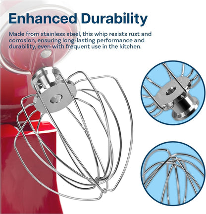 Mixer Attachments for KitchenAid 4.5–5 Quart Tilt-Head Stand Mixers – Compatible with Artisan & Classic – Beaters, Whisks, Dough Hooks & Attachment Sets by MMOBIEL (6-wire Whip, Stainless Steel)
