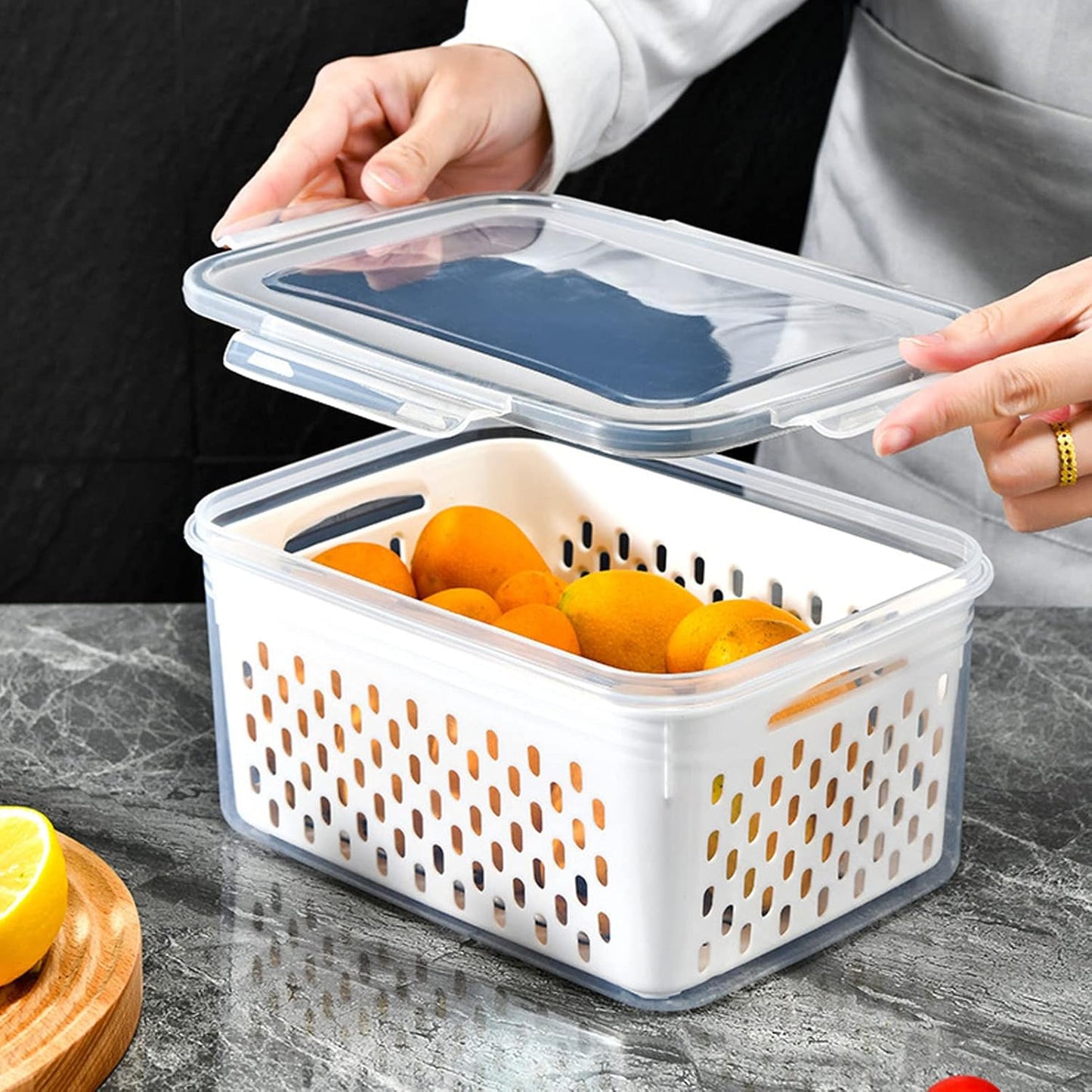 Drain Storage Basket, Fruit Storage Containers for Fridge with Removable Colander and Lid Produce Containers Keep Fruits Vegetables Meat Freshness (1750ML)
