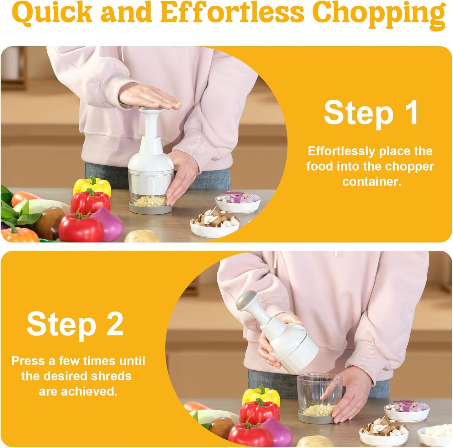 Food Chopper with Container – Manual Onion & Vegetable Chopper, 360° Stainless Steel Blades, Handheld Garlic Nut Veggie Cutter, Dishwasher Safe, Easy to Clean, White