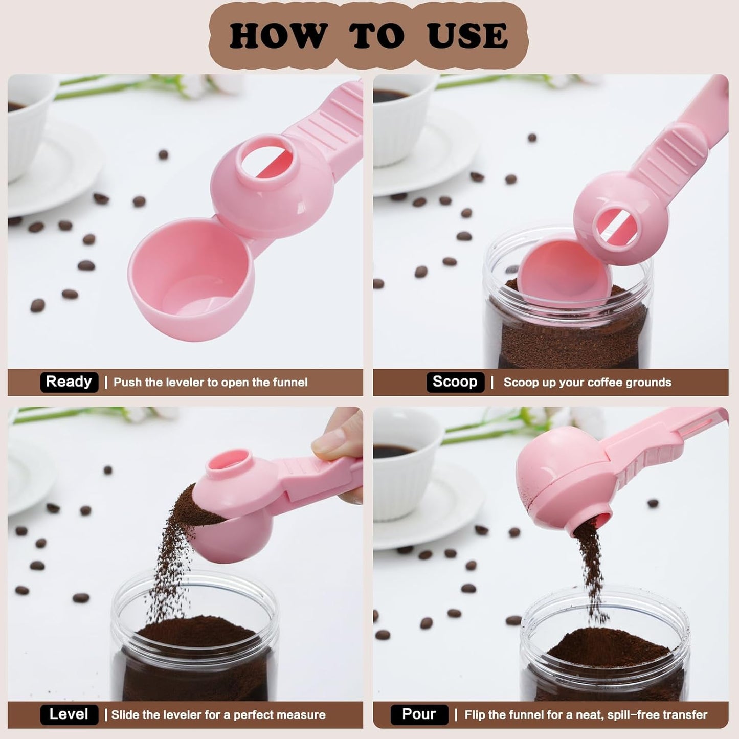 2-in-1 Coffee Scoop with Funnel, 2 Teaspoon Measuring Spoon for Reusable K Cups, Ground Coffee, Protein Powder & Tea, Mess-Free Plastic Design (Pink)