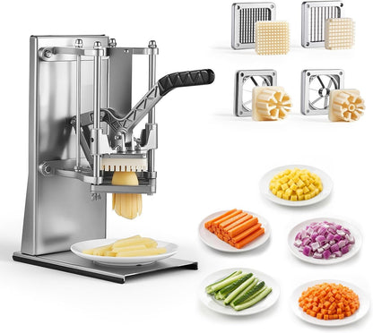 VEVOR French Fry Cutter, Commercial Vegetable Chopper with 4 Blades - 1/4", 3/8", 6-Wedge Slicer & Apple Corer - Wall Mount Stainless Steel Potato Cutter, for Home & Restaurant Use