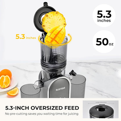 SUSTEAS Cold Press Juicer, 300W, 5.3" Large Feed Chute, 1.5L Capacity, Automatic Feeding, High Yield, Easy to Clean, Ideal for Whole Fruits & Vegetables, Black