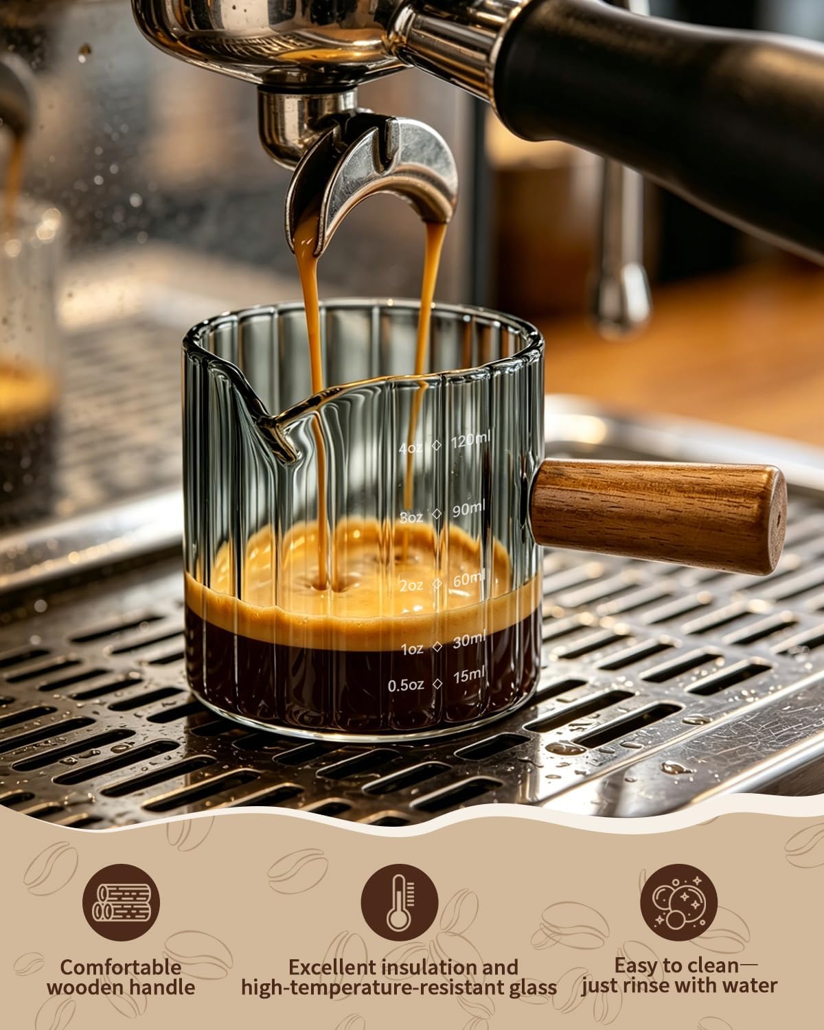 2 Pack Espresso Measuring Cups, 4oz Borosilicate Glass Espresso Shot Glasses with Wood Handle, V-Shaped Spout Ribbed Milk Frothing Cup, Measuring Cup for Coffee, Latte, Cappuccino, Tea, Syrup