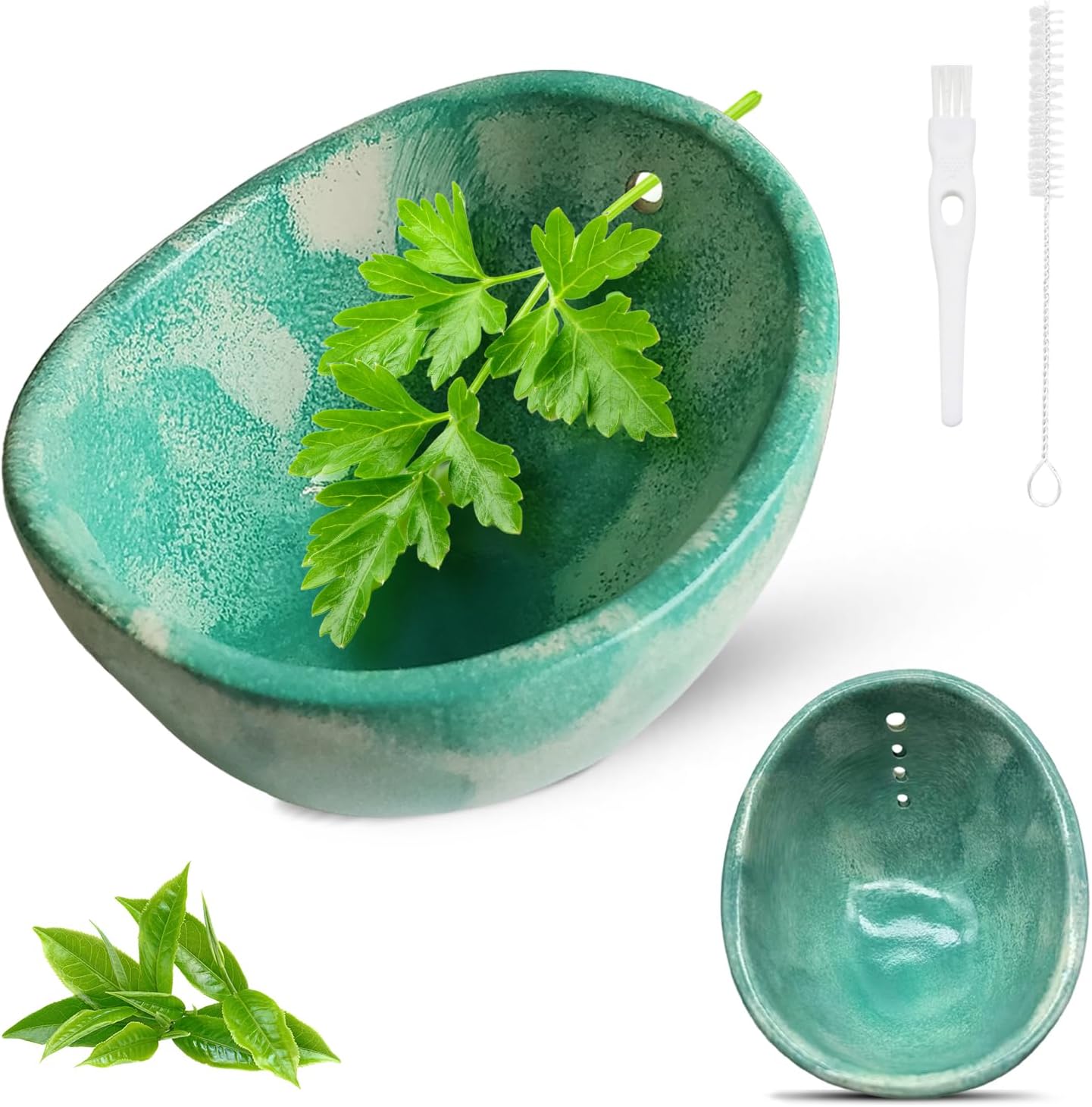 Pottery Herb Stripper Bowl, Herb Stripper Tool, Kitchen Herb Stripping Tool with Various Hole Sizes for Leaf Removal, Herb Stripping Bowl for Kale, Thyme, Basil, Rosemary Stripper (Celadon Glaze)