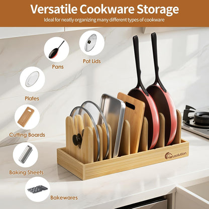 Housolution Bamboo Pot and Pan Organizer for Cabinet, 15"-29" Expandable Pot Lid Organizer with 10 Adjustable Dividers, Wooden Pan Holder Storage Rack, Fully Expanded Size 29.5" W x 8" D x 7.5" H