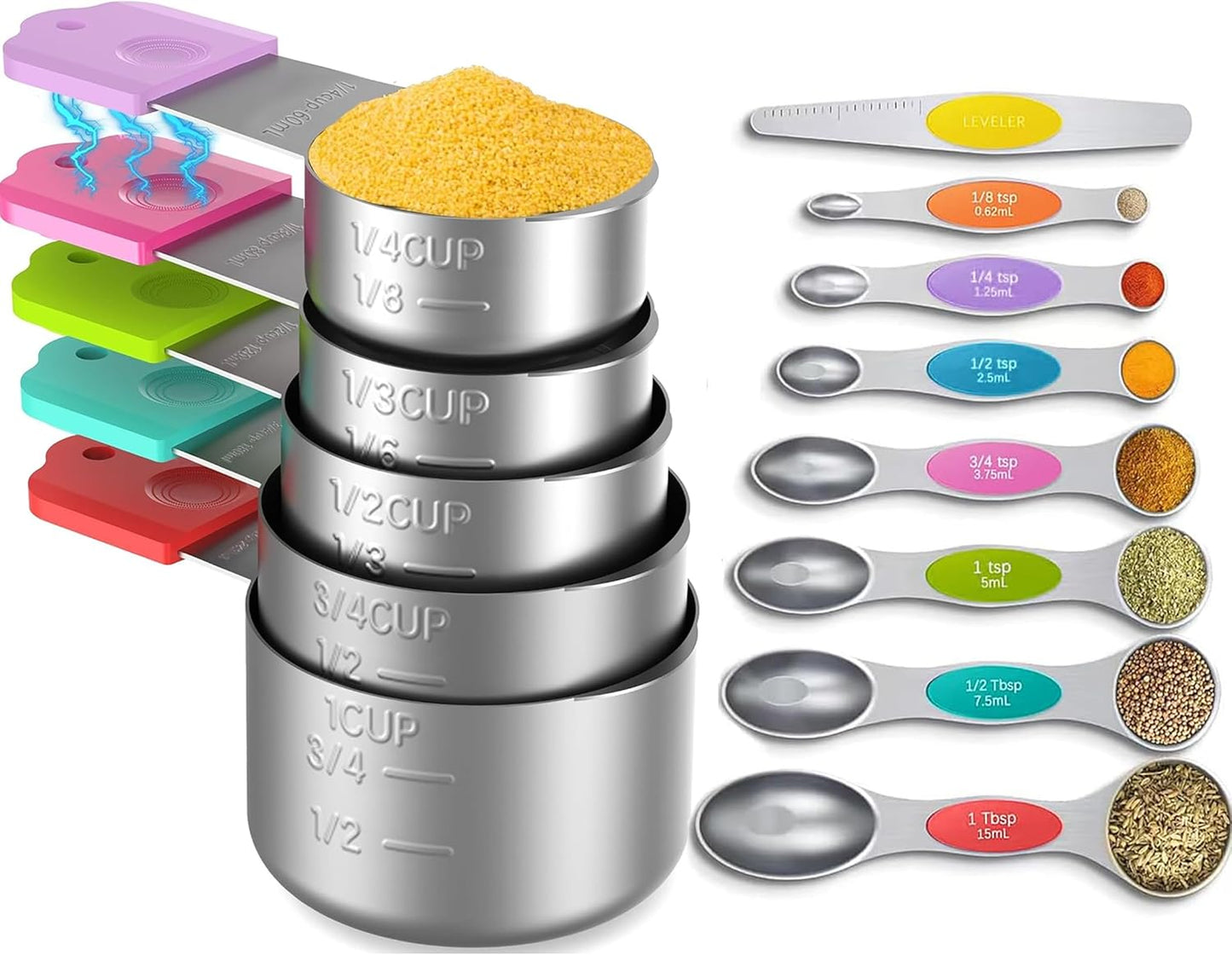 Magnetic Measuring Cups and Spoons Set, 7 Nesting Stainless Steel Measuring Cup Set with Easy to Read Markings, 7 Magnetic Measuring Spoons & 1 Leveler for Measuring Dry or Liquid Ingredients