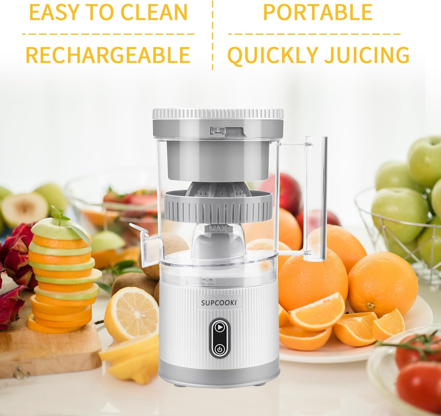 Electric Citrus Juicer, Rechargeable Juicer Machine with USB Cable and Cleaning Brush, Touch Button, Automatic Orange Lime Lemon Grapefruit Squeezer, Easy to Clean Portable Juicer, White