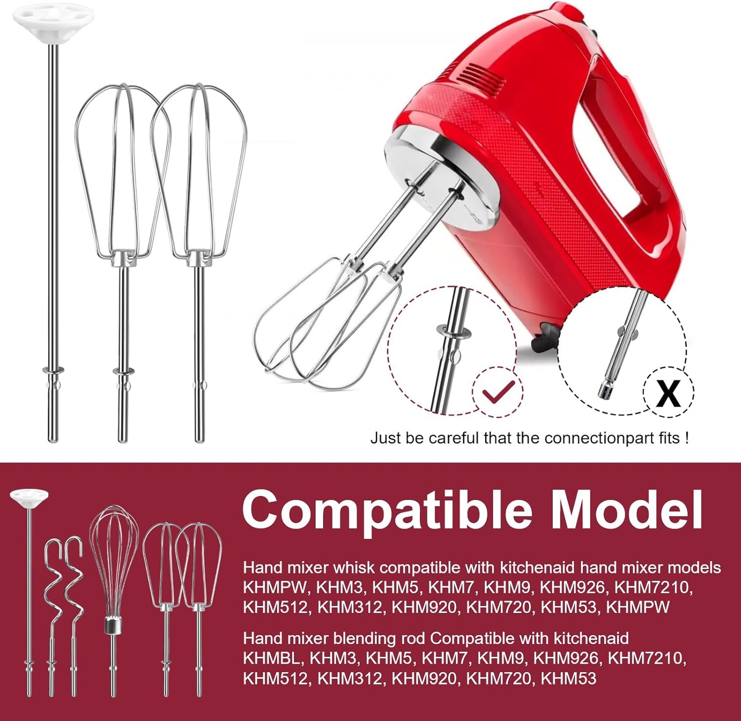 Hand Mixer Attachments Beater, Whisk, Blending Rod and Dough Hooks, Stainless Steel Hand Mixer Accessories Compatible with Kitchenaid Hand Mixers KHM3 KHM5 KHM7 KHM9, Set of 6