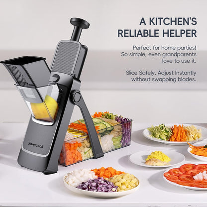 Jonscook All-in-1 Update Safe Mandoline Slicer for Kitchen, Food Chopper with Container, Thickness Adjustable Vegetable Chopper, Potato French Fry Cutter Tomato Apple Slicer Onion (BlackKnight)