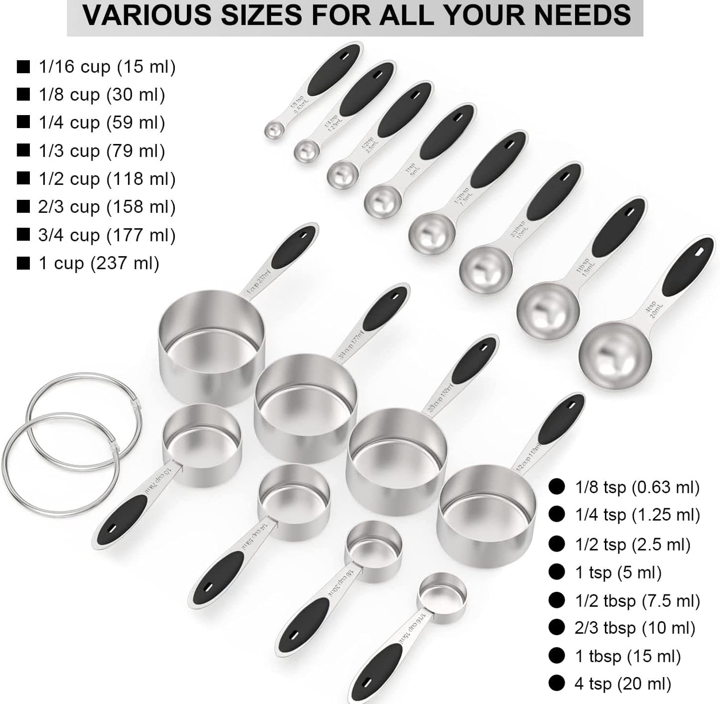 Measuring Cups & Spoons Set of 16, Wildone Premium Stainless Steel Measuring Cups and Measuring Spoons with Colored Silicone Handle, Including 8 Nesting Cups, 8 Spoons, for Dry and Liquid Ingredient