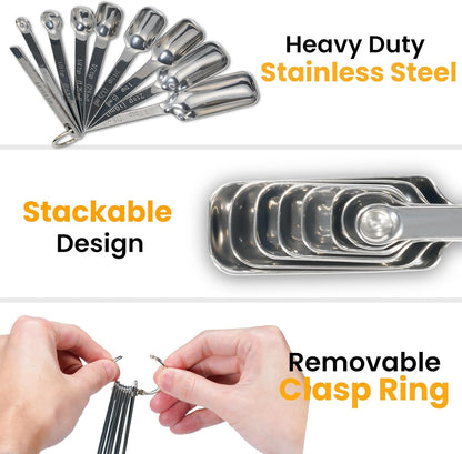 Stainless Steel Measuring Spoons Set of 14 with Leveler, Rectangular Teaspoon & Tablespoon Measuring Spoons for Dry & Liquid Ingredients, Slim Design Fits in Spice Jars