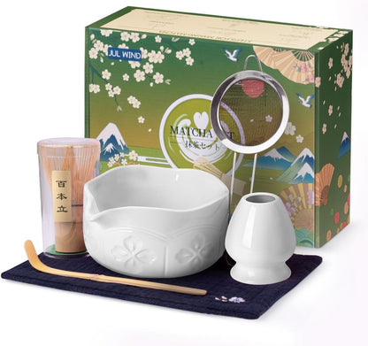 Matcha Whisk Set, Ceramic Matcha Set Includes Bowl with Spout, Whisk and Holder, Bamboo Scoop, Sifter and Tea Towel - 6 Pcs Matcha Kit Gift for Lovers Beginners (Pink)