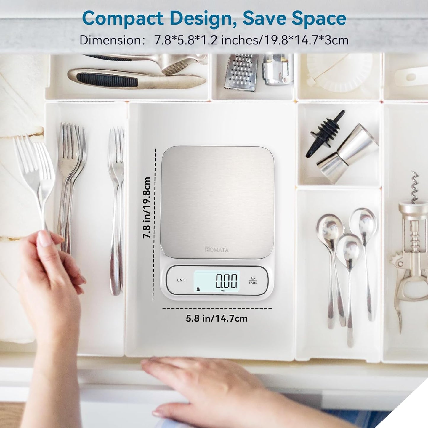 BOMATA Waterproof IPX6 Kitchen Scale, 0.1 g/0.01 oz High Precision, 5 kg/11 lbs, Digital Scale with Backlight, Stainless Steel Weighing Platform, for Food, Cooking, Baking, Weight Loss.. B619, Grey